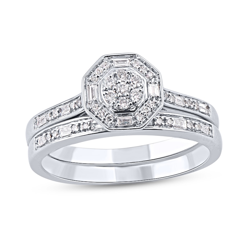 Main Image 1 of 1/4 CT. T.W. Composite Diamond Octagonal Frame Bridal Set in Sterling Silver