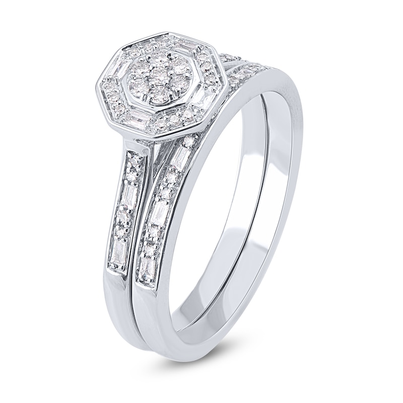 Main Image 3 of 1/4 CT. T.W. Composite Diamond Octagonal Frame Bridal Set in Sterling Silver