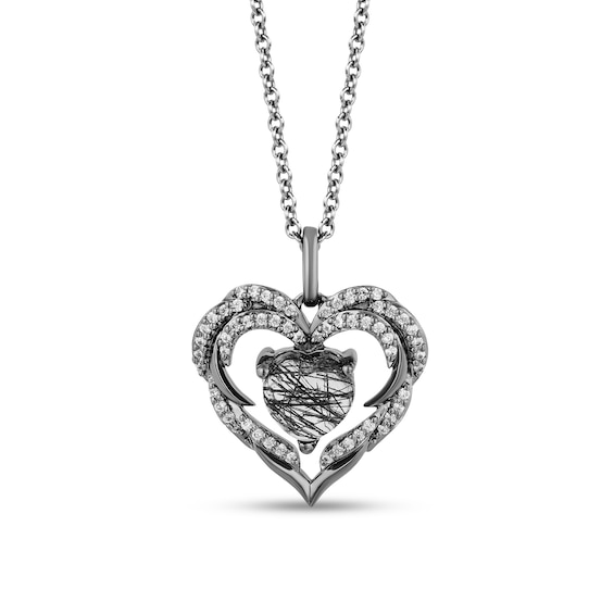 Enchanted Disney Villains Maleficent Black Quartz and 1/5 CT. T.w. Diamond Heart Pendant in Sterling Silver - 19"