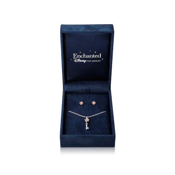 Enchanted Disney Belle Diamond Accent Rose Key Pendant and Stud Earrings Set in Sterling Silver and 10K Rose Gold â 19"