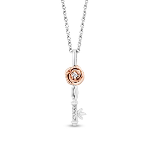 Enchanted Disney Belle Diamond Accent Rose Key Pendant and Stud Earrings Set in Sterling Silver and 10K Rose Gold â 19"