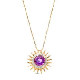 9.0mm Amethyst and 1/10 CT. T.W. Diamond Frame Sunburst Pendant in Sterling Silver with 14K Gold Plate