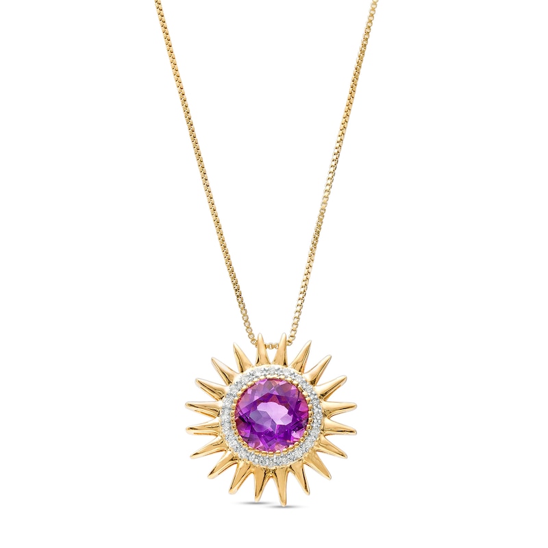 Main Image 1 of 9.0mm Amethyst and 1/10 CT. T.W. Diamond Frame Sunburst Pendant in Sterling Silver with 14K Gold Plate