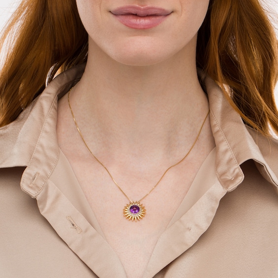 9.0mm Amethyst and 1/10 CT. T.w. Diamond Frame Sunburst Pendant in Sterling Silver with 14K Gold Plate