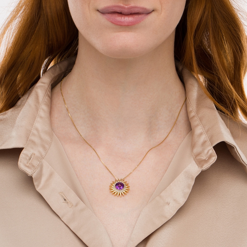 Main Image 2 of 9.0mm Amethyst and 1/10 CT. T.W. Diamond Frame Sunburst Pendant in Sterling Silver with 14K Gold Plate