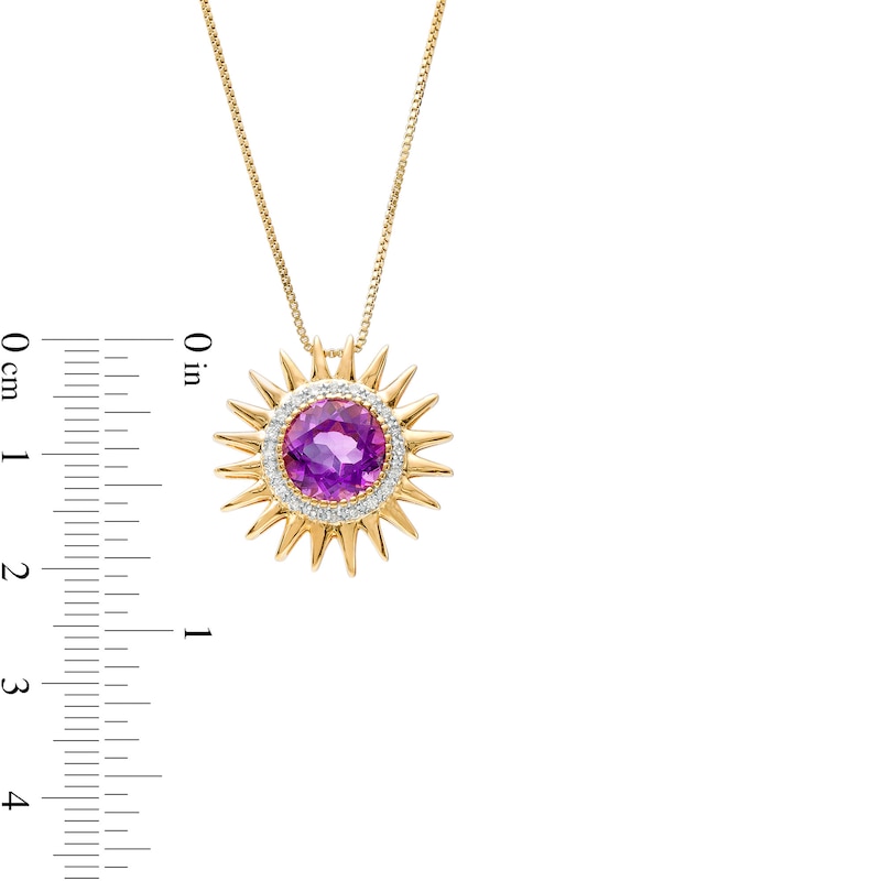 Main Image 3 of 9.0mm Amethyst and 1/10 CT. T.W. Diamond Frame Sunburst Pendant in Sterling Silver with 14K Gold Plate
