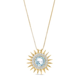 9.0mm Sky Blue Topaz and 1/10 CT. T.W. Diamond Frame Sunburst Pendant in Sterling Silver with 14K Gold Plate