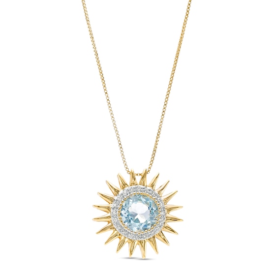 9.0mm Sky Blue Topaz and 1/10 CT. T.w. Diamond Frame Sunburst Pendant in Sterling Silver with 14K Gold Plate