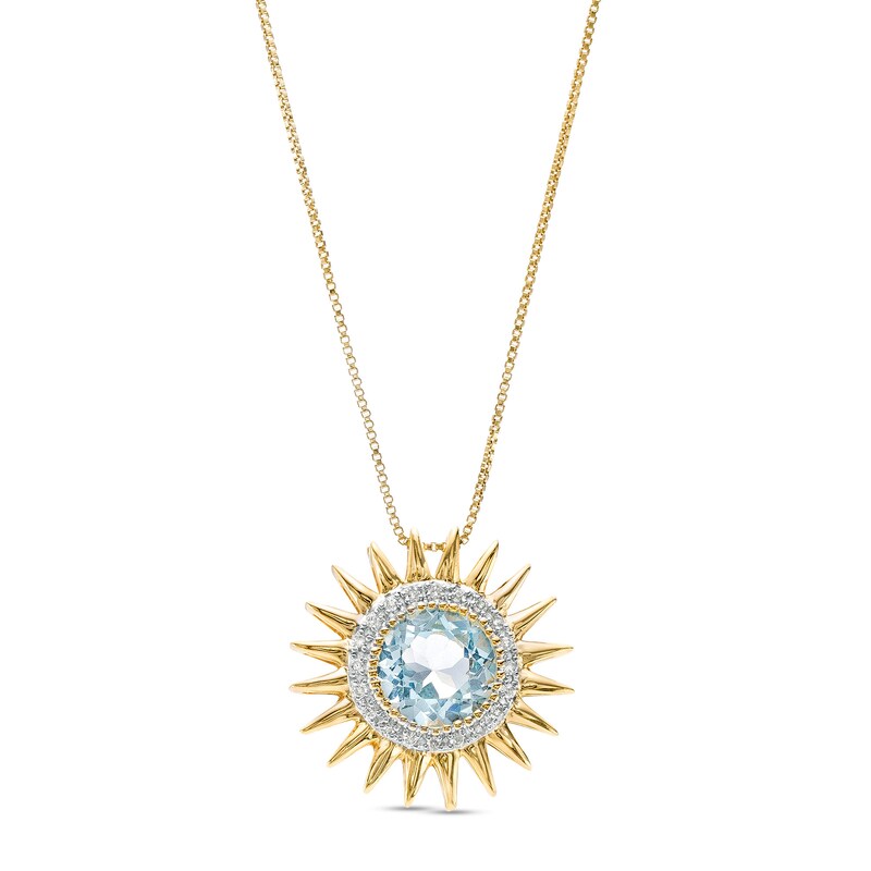 Main Image 1 of 9.0mm Sky Blue Topaz and 1/10 CT. T.W. Diamond Frame Sunburst Pendant in Sterling Silver with 14K Gold Plate
