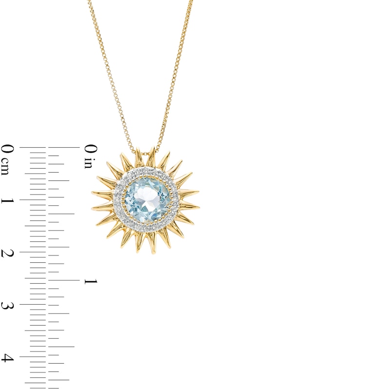 Main Image 3 of 9.0mm Sky Blue Topaz and 1/10 CT. T.W. Diamond Frame Sunburst Pendant in Sterling Silver with 14K Gold Plate