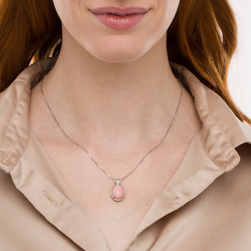 Main Image 2 of Oval Pink Opal and 1/20 CT. T.W. Diamond Frame Rope-Textured Triple Row Split Bail Pendant in Sterling Silver