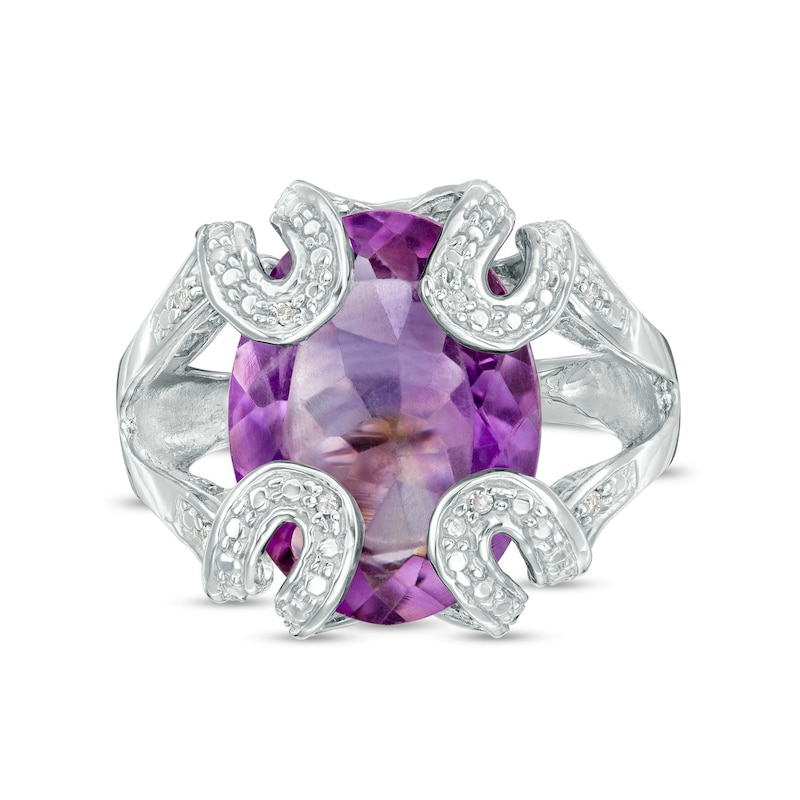 Oval Amethyst and Diamond Accent Bead Folded Ribbon Shank Ring in Sterling Silver