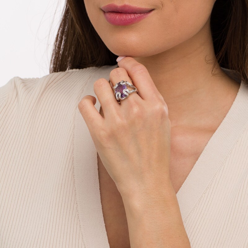 Oval Amethyst and Diamond Accent Bead Folded Ribbon Shank Ring in Sterling Silver