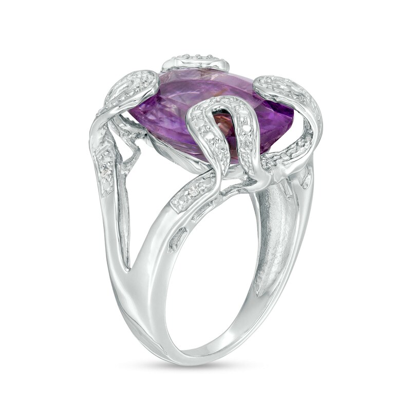 Oval Amethyst and Diamond Accent Bead Folded Ribbon Shank Ring in Sterling Silver