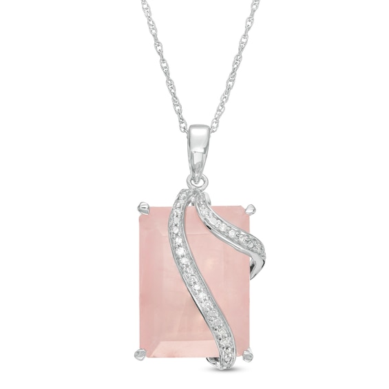 Emerald-Cut Pink Quartz and 1/20 CT. T.w. Diamond Double Ribbon Overlay Pendant in Sterling Silver