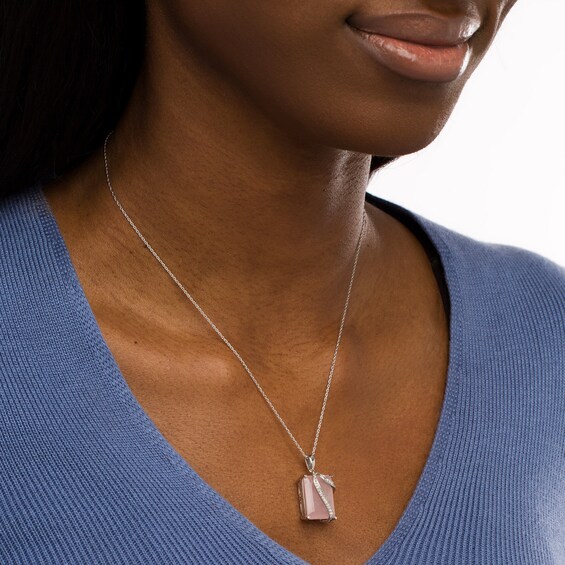 Emerald-Cut Pink Quartz and 1/20 CT. T.w. Diamond Double Ribbon Overlay Pendant in Sterling Silver
