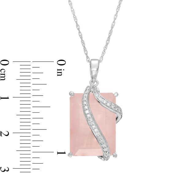Emerald-Cut Pink Quartz and 1/20 CT. T.w. Diamond Double Ribbon Overlay Pendant in Sterling Silver