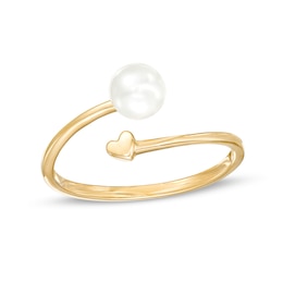 5.5mm Cultured Freshwater Pearl and Polished Heart Open Wrap Ring in 10K Gold