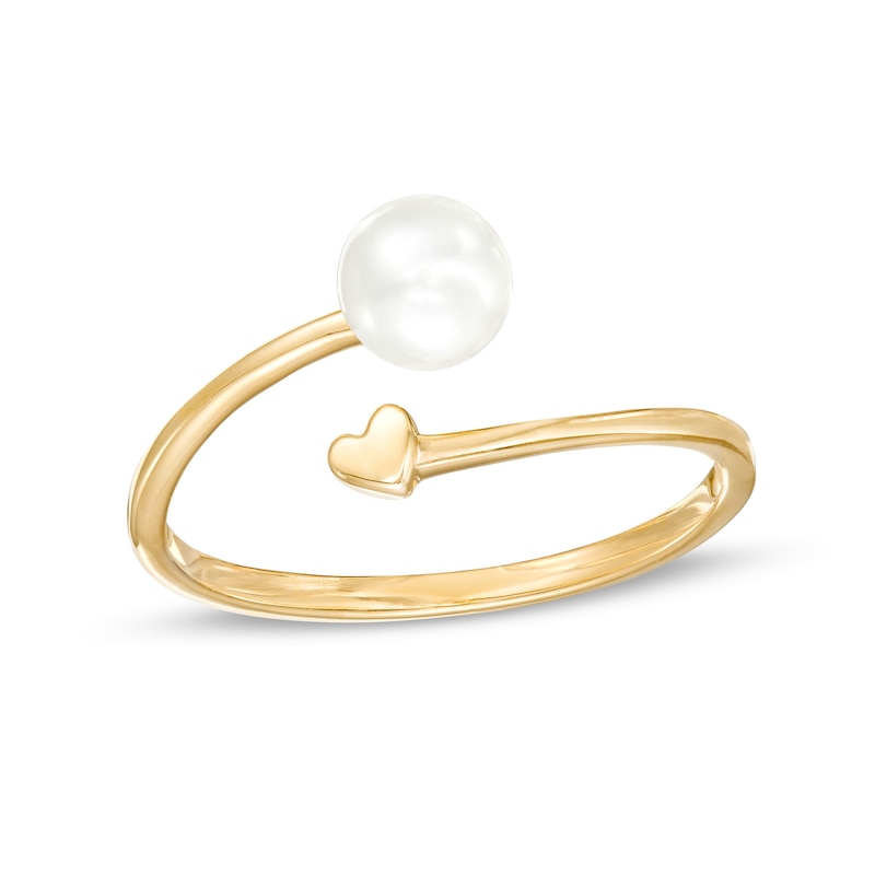 Main Image 1 of 5.5mm Freshwater Cultured Pearl and Polished Heart Open Wrap Ring in 10K Gold