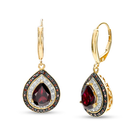 Pear-Shaped Garnet and 1/5 CT. T.w. Red Enhanced and White Diamond Drop Earrings in Sterling Silver with 14K Gold Plate