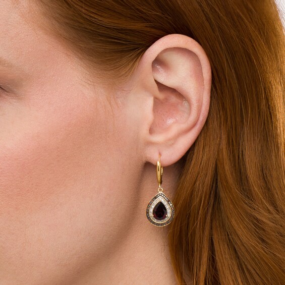 Pear-Shaped Garnet and 1/5 CT. T.w. Red Enhanced and White Diamond Drop Earrings in Sterling Silver with 14K Gold Plate