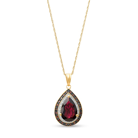 Pear-Shaped Garnet and 1/5 CT. T.w. Red Enhanced and White Diamond Pendant in Sterling Silver with 14K Gold Plate