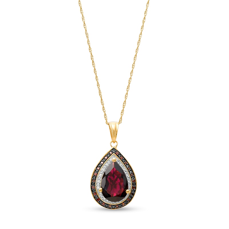 Main Image 1 of Pear-Shaped Garnet and 1/5 CT. T.W. Red Enhanced and White Diamond Pendant in Sterling Silver with 14K Gold Plate