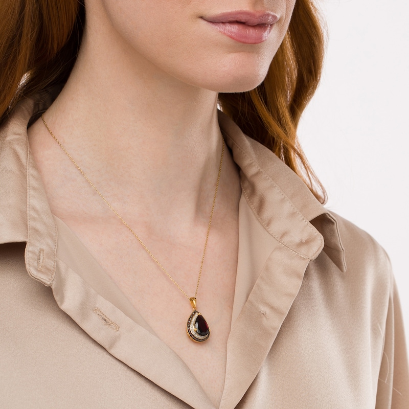 Main Image 2 of Pear-Shaped Garnet and 1/5 CT. T.W. Red Enhanced and White Diamond Pendant in Sterling Silver with 14K Gold Plate