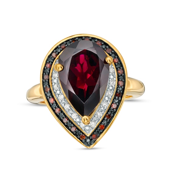 Pear-Shaped Garnet and 1/5 CT. T.w. Red Enhanced and White Diamond Frame Ring in Sterling Silver with 14K Gold Plate