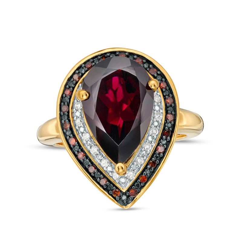 Pear-Shaped Garnet and 1/5 CT. T.W. Red Enhanced and White Diamond Frame Ring in Sterling Silver with 14K Gold Plate