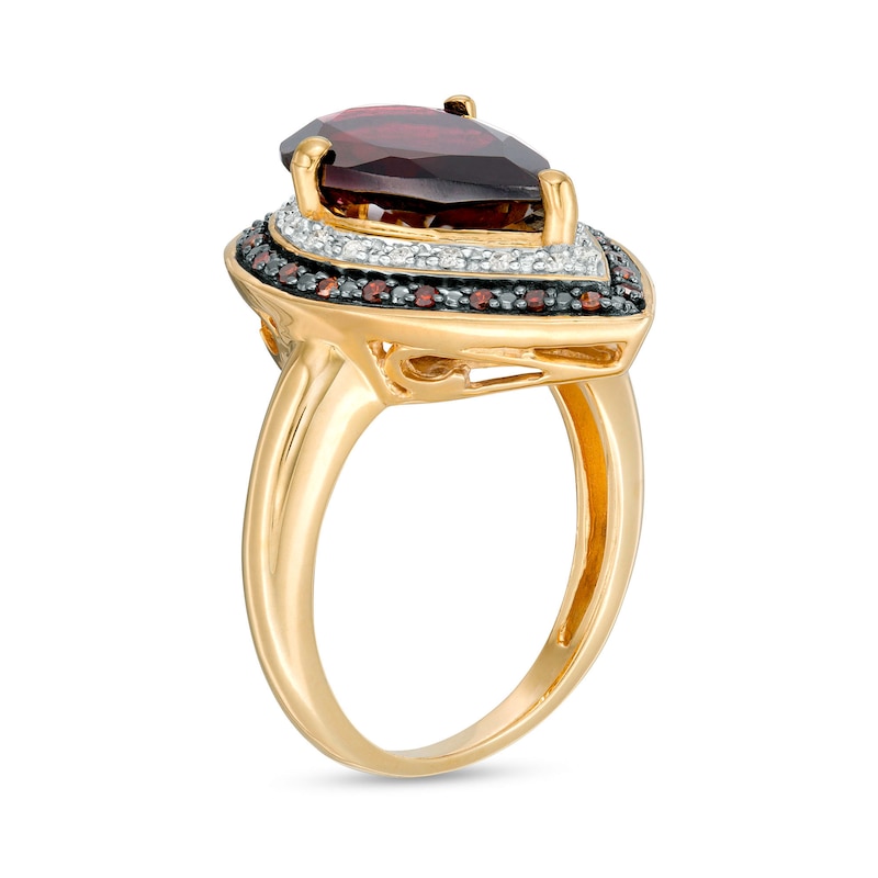 Pear-Shaped Garnet and 1/5 CT. T.W. Red Enhanced and White Diamond Frame Ring in Sterling Silver with 14K Gold Plate