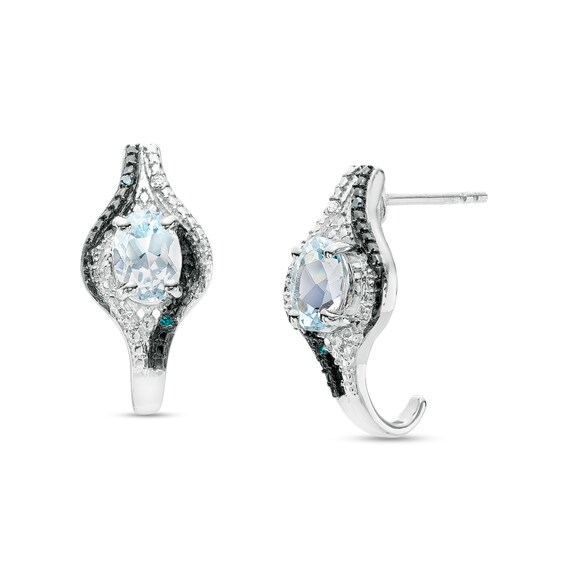 Oval Sky Blue Topaz with Blue Enhanced and White Diamond Bead Flame J-Hoop Earrings in Sterling Silver and Blue Rhodium