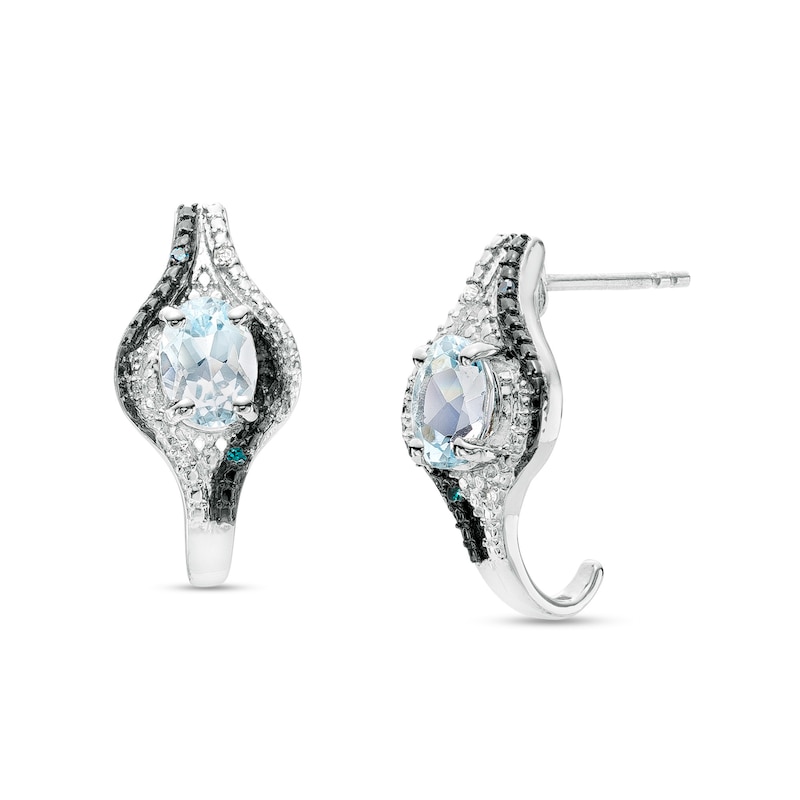 Main Image 1 of Oval Sky Blue Topaz with Blue Enhanced and White Diamond Bead Flame J-Hoop Earrings in Sterling Silver and Blue Rhodium