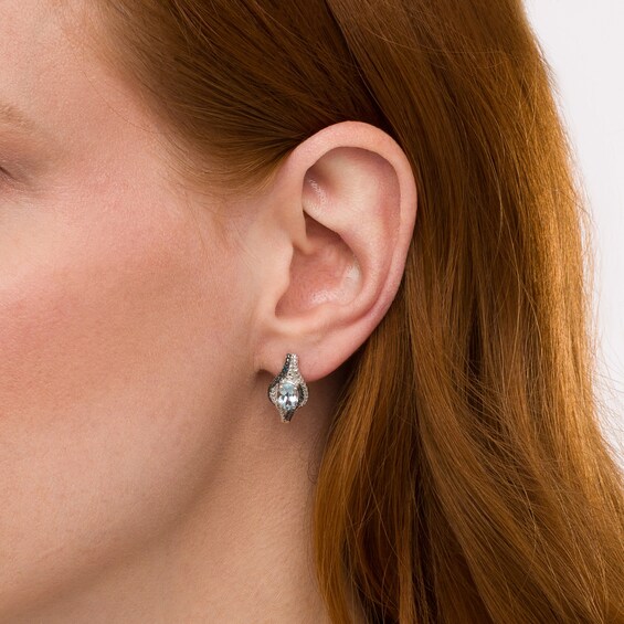 Oval Sky Blue Topaz with Blue Enhanced and White Diamond Bead Flame J-Hoop Earrings in Sterling Silver and Blue Rhodium