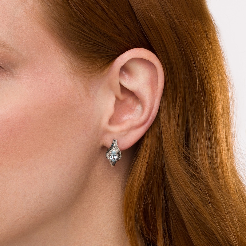 Main Image 2 of Oval Sky Blue Topaz with Blue Enhanced and White Diamond Bead Flame J-Hoop Earrings in Sterling Silver and Blue Rhodium