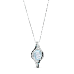 Oval Sky Blue Topaz with Blue Enhanced and White Diamond Bead Flame Pendant in Sterling Silver and Blue Rhodium