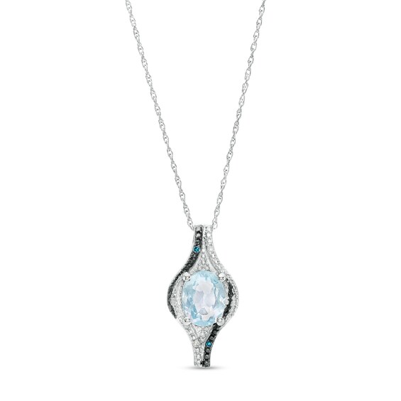 Oval Sky Blue Topaz with Blue Enhanced and White Diamond Bead Flame Pendant in Sterling Silver and Blue Rhodium