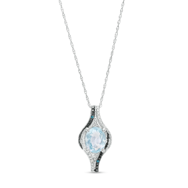 Main Image 1 of Oval Sky Blue Topaz with Blue Enhanced and White Diamond Bead Flame Pendant in Sterling Silver and Blue Rhodium