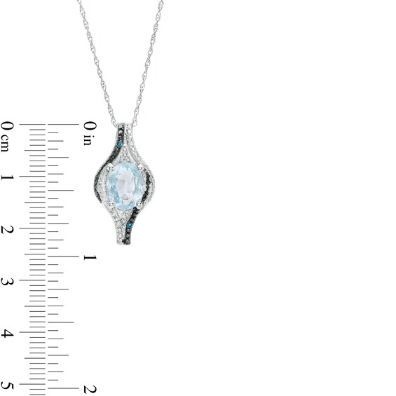 Oval Sky Blue Topaz with Blue Enhanced and White Diamond Bead Flame Pendant in Sterling Silver and Blue Rhodium