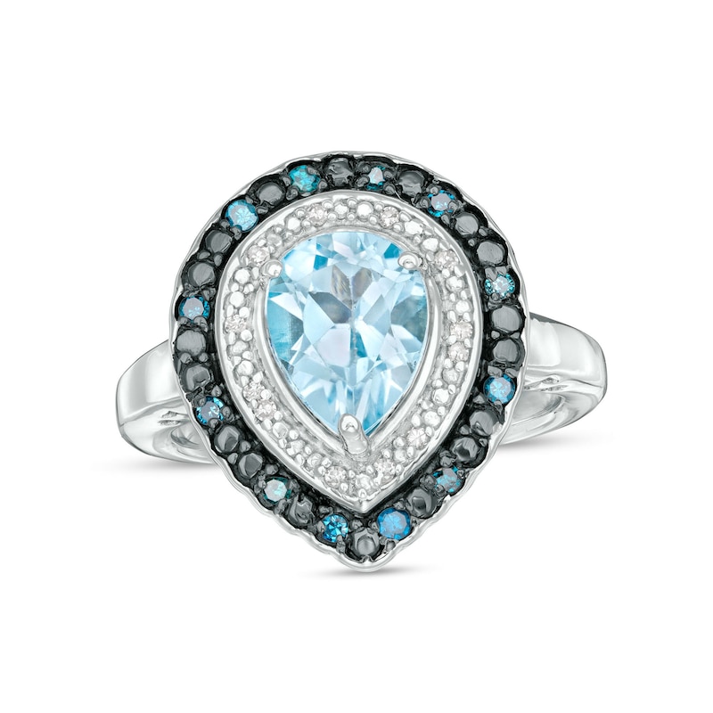 Pear-Shaped Sky Blue Topaz and 1/8 CT. T.W. Blue Enhanced and White Diamond Double Frame Ring in Sterling Silver