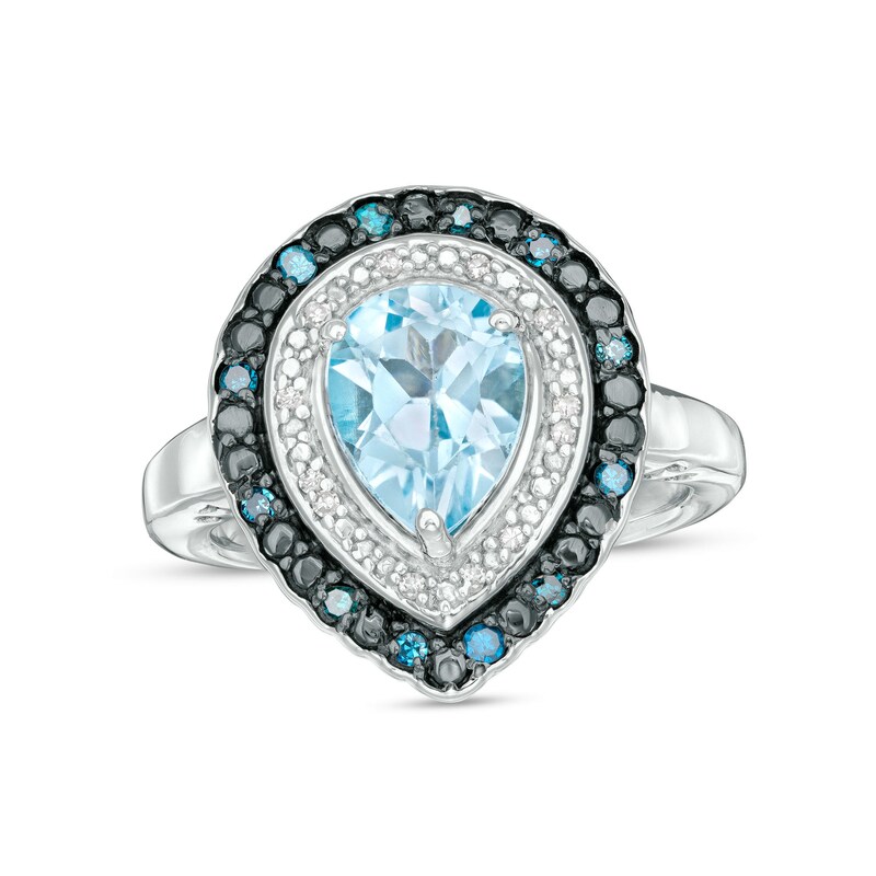 Main Image 1 of Pear-Shaped Sky Blue Topaz and 1/8 CT. T.W. Blue Enhanced and White Diamond Double Frame Ring in Sterling Silver