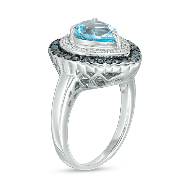 Pear-Shaped Sky Blue Topaz and 1/8 CT. T.W. Blue Enhanced and White Diamond Double Frame Ring in Sterling Silver