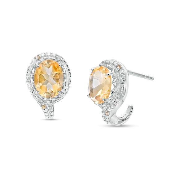 Oval Citrine with Champagne and White Diamond Accent Bead J-Hoop Earrings in Sterling Silver and Rose Rhodium