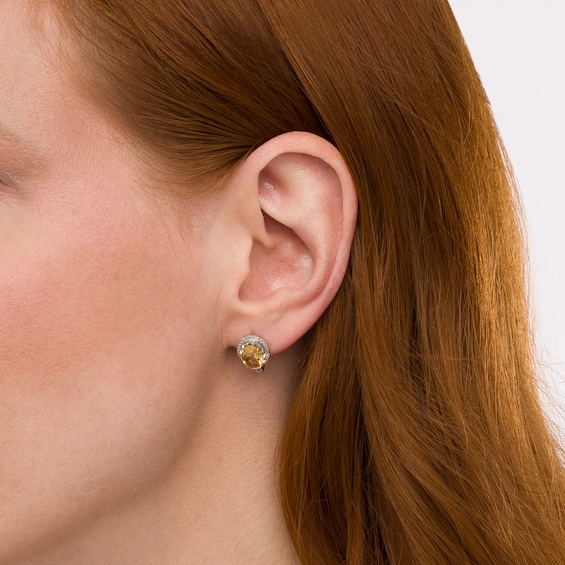 Oval Citrine with Champagne and White Diamond Accent Bead J-Hoop Earrings in Sterling Silver and Rose Rhodium