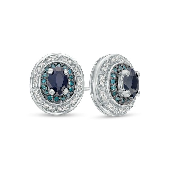 Oval Black Sapphire with 1/4 CT. T.w. Blue Enhanced and White Diamond Double Frame Stud Earrings in Sterling Silver