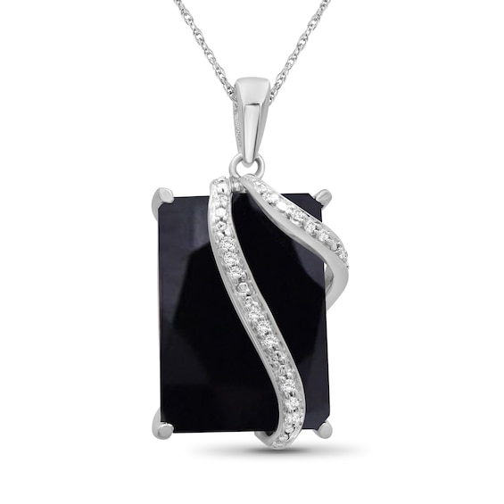 Emerald-Cut Black Onyx and 1/20 CT. T.w. Diamond Double Ribbon Overlay Pendant in Sterling Silver