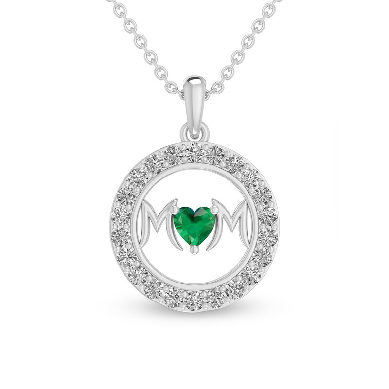 4.0mm Heart-Shaped Lab-Created Emerald and White Lab-Created Sapphire "MOM" in Circle Pendant in Sterling Silver