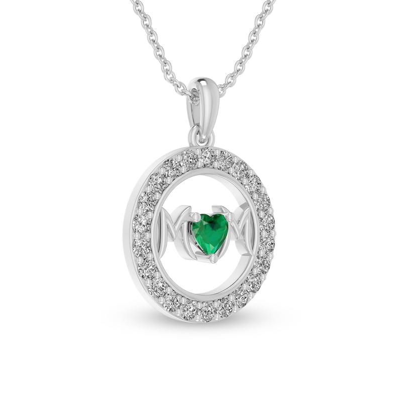 4.0mm Heart-Shaped Lab-Created Emerald and White Lab-Created Sapphire "MOM" in Circle Pendant in Sterling Silver