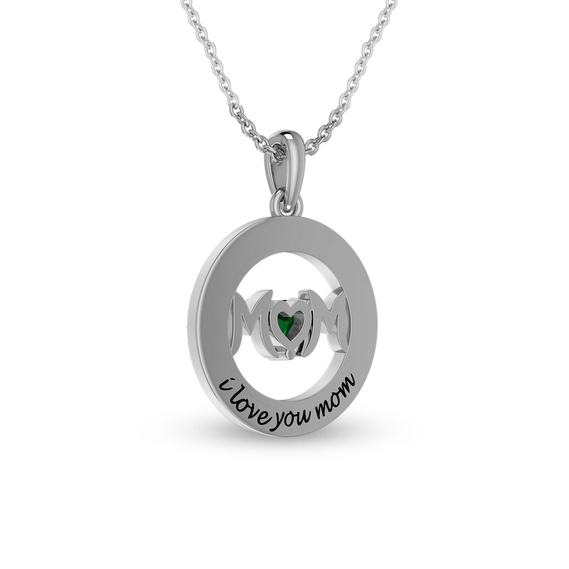 4.0mm Heart-Shaped Lab-Created Emerald and White Lab-Created Sapphire "MOM" in Circle Pendant in Sterling Silver
