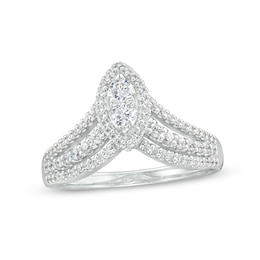 1/2 CT. T.W. Multi-Diamond Marquise Triple Row Split Shank Ring in 10K White Gold